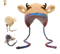 Creative Antler Hat & Bag 2-in-1,Festive Christmas Knitted Reindeer Beanie,Warm Foldable Winter cap Handbag with Deer Antlers (Deer-Khaki)