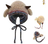 Creative Antler Hat & Bag 2-in-1,Festive Christmas Knitted Reindeer Beanie,Warm Foldable Winter cap Handbag with Deer Antlers (Lamb-Khaki)