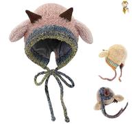 Creative Antler Hat & Bag 2-in-1,Festive Christmas Knitted Reindeer Beanie,Warm Foldable Winter cap Handbag with Deer Antlers (Lamb-Pink)