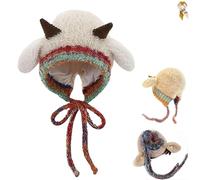 Creative Antler Hat & Bag 2-in-1,Festive Christmas Knitted Reindeer Beanie,Warm Foldable Winter cap Handbag with Deer Antlers (Lamb-Beige)