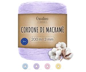 Creative Deco 3mm/200m Corda Macrame Viola Pastello | Spago di Cotone-Poliestere | 656 Piedi | Spessore 2-3mm | Grande Corda Spessa Forte | Perfetta per Avvolgere Regali, Progetti Fai da Te