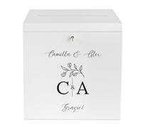 Creative Deco Scatola Personalizzata Bianca Porta Buste in Legno per Matrimonio | 29 x 25 x 30 cm | Salvadanaio con Coperchio, Serratura | Scatola Portadenaro con Iniziali, Cassetta Porta Carte