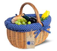 Creative Home Grande Cesto Vimini Foderato con Manico | Cesto Picnic con Bordatura Blu a Puntini | 43 x 32 x 37 cm | Cestino Portaoggetti | Grande e Leggero | Marrone Naturale | Intrecciato a Mano