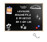 Creative Home Magnetica Lavagna per Gesso 80 x 60 cm (+/- 2) | Lavagna da Parete Nera con Cornice Legno | Bacheca Parete Gessetti - Lavagna Cancellabile | per Scuola, Casa, Ufficio, Cucina per Bambini