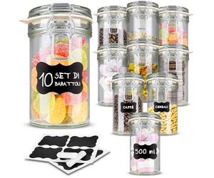 Creative Home Set 10 Barattoli in Vetro con Chiusura a Clip, 500 ml