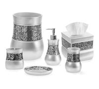 Creative Scents Silver Bathroom Accessories Set Complete - 6 Piece Mosaic Glass Bathroom Accessory Set includes: Trash Can, Tissue Box Cover, Soap Di