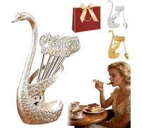 Creative Swan Design Coffee Stirring Spoon Set with 6 Coffee Spoons Set,Metal Dessert Teaspoon Holder Organizer, Decorative Tableware for Fruit Mixing Stirring, Ideal Gift for Home Cafe (Silver)