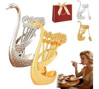 Creative Swan Design Coffee Stirring Spoon Set with 6 Coffee Spoons Set,Metal Dessert Teaspoon Holder Organizer, Decorative Tableware for Fruit Mixing Stirring, Ideal Gift for Home Cafe (Mix)