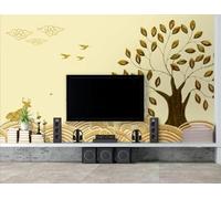 Creativo Oro Alberi Alci Uccelli In Volo 3D Carta Da Parati Facile Installare Mobili Sfondi Ufficio Divano Camera Letto Sfondo Decorazione Murale-250cm×170cm