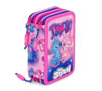 Creativolution - Astuccio Scuola 3 Zip Completo Riempito 44 Pezzi con Pennarelli Giotto e Pastelli Mina 4mm - Per Stitch Fan - Personaggi in Rilievo e Logo in Gomma 3D