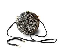 creazioni unique Borsa Paglia Donna Estiva in Midollino con Intreccio in Rattan - Borsetta Tonda con 2 Cinturini (Lungo e Corto) - Interno in Cotone - Borsa Primavera Estate 2024 (Nero/Avorio)