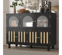 Credenza 120 x 40 x 90 cm, con porta in vetro curvo e protezione antiribaltamento, armadietto a buffet/comò con piedini rotondi e manici dorati, per sala da pranzo, soggiorno e corridoio (nero +
