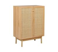 Credenza a 2 ante e 2 ripiani in truciolato di pino chiaro con fronte in rattan