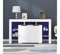 Credenza a LED lucida, credenza da cucina, armadio, buffet, tavolo con luci a LED, armadio a buffet lucido con 4 ripiani in vetro e 2 ante, vetrina per soggiorno (bianco, 140 x 40 x 80 cm)