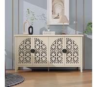 Credenza a quattro ante in legno naturale, con design intagliato e traforato, dotata di tre ripiani. Adatto per soggiorno, corridoio, sala da pranzo e cucina. (147,6 x 40 x 80 cm) (legno)