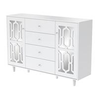 Credenza a specchio con maniglie in cristallo e ante in vetro, 4 cassetti e 2 scomparti, struttura in MDF con piedini in legno massiccio, moderna credenza per soggiorno e sala da pranzo (bianco)
