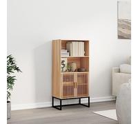 Credenza alta in legno con ante in pino e ripiani, armadio elegante in stile scandinavo e gambe in ferro stabili per la decorazione