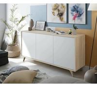 Credenza Arvada, Buffet da Cucina, Armadio di Design da Soggiorno, Madia Moderna a 3 Ante e Ripiani, 154x40h75 cm, Rovere e Bianco