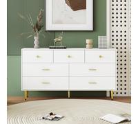 Credenza bianca, 7 cassetti, maniglie dorate, gambe dorate, guide per cassetti lisce, credenza per sala da pranzo, credenza da cucina, armadietto per cassetti riser, cassettiera, 140 x 35 x 76 cm