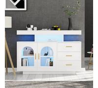 Credenza bianca con illuminazione a LED, 140 x 40 x 80 cm, cassettiera a doppia porta con 3 cassetti, armadietto da cucina/buffet, altezza per soggiorno, sala da pranzo, corridoio (1)
