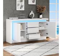 Credenza bianca, credenza da cucina, 140 x 35 x 72 cm, per camera da letto, tavolino con 3 cassetti, con ripiani regolabili e 2 ante, lucido, con LED, bianco