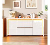 Credenza bianca lucida, credenza bianca laccata 4 ante 2 cassetti con LED,credenze basse mobili di immagazzinaggio basso con cassetto per cucina corridoio soggiorno ingresso (4 porte, 2 cassetti-1