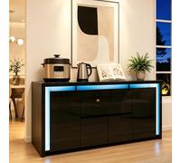 Credenza Bianco Laccato 4 Porte 2 Cassetti con Illuminazione a LED, Mobile di Stoccaggio Comò Moderno, Credenza da cucina per Soggiorno, Cucina o Ingresso, Design Alto Lucido, 160×35×75 (Nero, 160×35×
