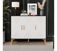 Credenza bohemiana con porte a righe bianche opache, maniglie dorate e gambe dorate, credenza con porte da aprire e chiudere, adatta per camera da letto, soggiorno e sala da pranzo