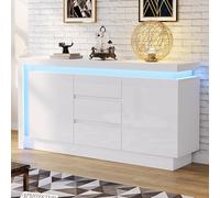 Credenza, cassettiera per camera da letto, soggiorno, tavolino con 3 cassetti, armadietto con ripiani regolabili e 2 ante, lucido, con LED, bianco, 140 x 35 x 72 cm