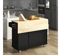 Credenza con carrello con piano in legno e foglia a goccia e portasciugamani, 3 cassetti e armadietto a doppia anta, mobile armadio da cucina a isola (nero)