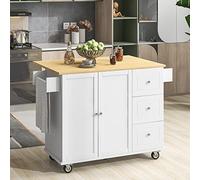 Credenza con carrello con piano in legno e foglia a goccia e portasciugamani, 3 cassetti e armadietto a doppia anta, mobile da cucina a isola (bianco)