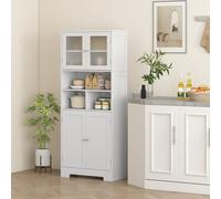 Credenza Cucina con 2 Armadietti e 3 Vani Aperti, Ante a Vetro e Ripiani Regolabili, 60x30x145,5 cm, Bianco