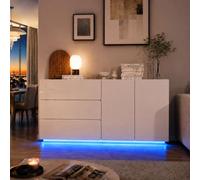 Credenza Cucina Moderna con Luci LED, Mobile Cucina Bianco Lucido con 2 Ante e 3 Cassetti, Madia Soggiorno Moderna per Sala da Pranzo, Cucina, Ingresso e Salotto, Mobile Salvaspazio, 160 x 35 x 76 cm