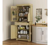 Credenza Cucina Stile Boho con 2 Armadietti, Cassetto e Portaspezie in Legno e Rattan, 76x40x183cm, Rovere