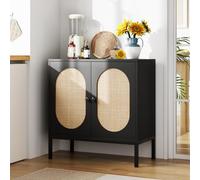 Credenza da buffet in rattan bohémien, a doppio strato, in legno, porte e ripiani, console d'accento per ingresso, soggiorno, sala da pranzo, cucina, piedini in metallo tinta unita, nero, 80 x 40 x