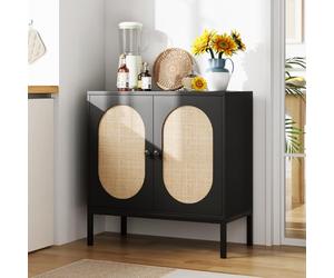 Credenza da buffet in rattan bohémien, a doppio strato, in legno, porte e ripiani, console d'accento per ingresso, soggiorno, sala da pranzo, cucina, piedini in metallo tinta unita, nero, 80 x 40 x