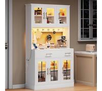 Credenza da cucina con striscia LED e presa, dotata di 6 ante e 2 cassetti, ripiani regolabili per riporre in modo flessibile, design rustico, manici in metallo dorato, bianco, 180 x 100 cm