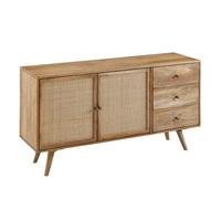 Credenza di design, 140 x 75 x 40 cm, legno massello di mango/rattan, comò 3 cassetti, cassettiera alta in legno massiccio, mobile da soggiorno, 2 scomparti per porte intrecciate