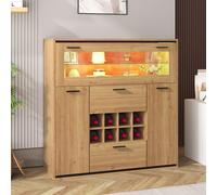Credenza, elegante armadietto per vino con doppie porte, scaffale in vetro e supporto per vino, ideale per riporre in un'elegante credenza (colore legno + nero, 110 x 38 x 111 cm)