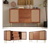 Credenza in rattan, con 2 ante e 3 cassetti, per camera da letto e soggiorno, finitura in noce, elegante decorazione per la casa (H90/B150/T40 cm)
