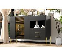 Credenza leggera e lussuosa moderna con elegante porta in vetro color teal, maniglie in cristallo acrilico per sala da pranzo e soggiorno, gambe in ferro dorato galvanizzate, corpo nero
