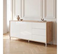 Credenza Madia Con 2 Ante E 3 Cassetti Mobile Contenitore Moderno Con Ripiani Interni Guide In Metallo E Piedini In ABS 154 x 41 x 75 Cm Rovere E Bianco