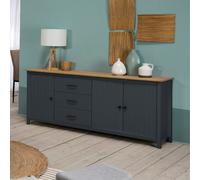 Credenza Miranda con 3 ante e 3 cassetti in legno massiccio blu con top pino