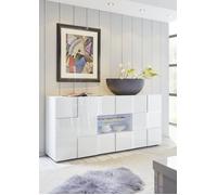 Credenza Mobile Soggiorno 2 Porte 2 Cassetti e Vetrina Centrale in Melamina 181x42x84cm TFT Chequers Bianco