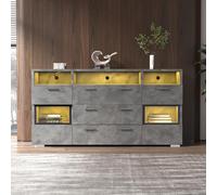 Credenza moderna 140 cm, grigio con illuminazione a LED, porte in acrilico trasparente, 2 ante, 3 cassetti, spazio aperto, mobile base versatile e mobile ad angolo