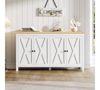 Credenza moderna bianca con 4 ante, con maniglia rotonda nera, 2 partizioni, armadio portaoggetti multifunzione in materiale MDF, per soggiorno, sala da pranzo, ingresso, bianco, 140 x 40 x 78 cm