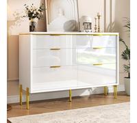 Credenza moderna con 6 cassetti in bianco e oro, frontali lucidi, ampio spazio per soggiorno, sala da pranzo e corridoio, elegante mobile per organizzare in ordine (bianco-1)