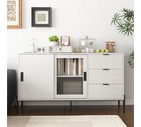 Credenza moderna con anta scorrevole in vetro e 3 cassetti, consolle per ingresso, armadio a buffet per corridoi, ingressi, cucine, studio, bianco