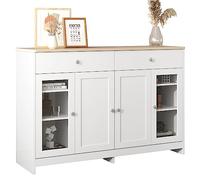 Credenza moderna con ante in vetro, 2 ante, per cucina, buffet, con ripiani regolabili, 120 x 37 x 80 cm, 2 cassetti, finitura in legno naturale e bianco, ideale per sala da pranzo