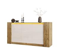 Credenza Moderna con Luci LED 2 Colori, Mobile Soggiorno Design Senza Maniglie - Bianco Lucido e Legno, 150x40x70.5 cm, Ripiani Regolabili, Cerniere Silenziose, Ideale per Sala da Pranzo e Ingresso